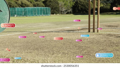 Image of social media notifications over roller and stumps on cricket pitch. Sports, sports grounds, social network, digital interface, internet and communication, digitally generated image. - Powered by Shutterstock