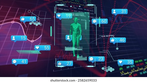Image of social media notifications over walking figure on interface and processing data. Digital interface, social network, health, connection and communication, digitally generated image.