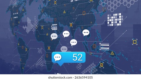 Image of social media reactions, world map and icons over cityscape. Social media, data processing, network and technology concept digitally generated image.