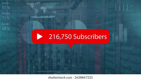 Image of social media subscribers notification over charts processing data on interface. Global communication network, digital interface and social media concept digitally generated image.