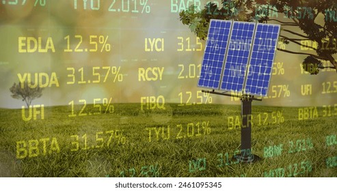 Image of solar panel on grassy field over moving trading board. Digital composite, multiple exposure, stock market, investment, nature, solar energy, electricity, green technology, sustainability. - Powered by Shutterstock