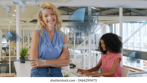 Image of sonars, computer language over diverse coworkers standing and working on desktop. Digital composite, multiple exposure, radars, coding, abstract and technology concept.