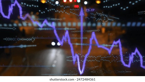 Image of soundwaves, graphs, codes and arrow up signs over cars moving on illuminated street. Digital composite, multiple exposure, business, report, data, transport, light, city, technology. - Powered by Shutterstock