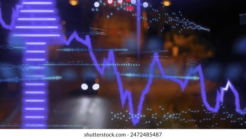 Image of soundwaves, graphs, codes and arrow up signs over cars moving on illuminated street. Digital composite, multiple exposure, business, report, data, transport, light, city, technology. - Powered by Shutterstock