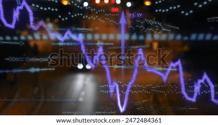 Image of soundwaves, graphs, codes and arrow up signs over cars moving on illuminated street. Digital composite, multiple exposure, business, report, data, transport, light, city, technology.
