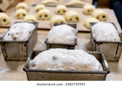 image of sourdough bread dough prepared for baking at Bakery shop in an industrial oven.    - Powered by Shutterstock