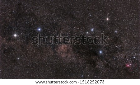 Image of the Southern Cross asterism in the constellation of Crux, together with the two so-called pointer stars, Alpha and Beta Centauri and the dark Coalsack Nebula.