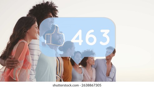 Image of speech bubble with increasing likes over diverse friends posing for a picture at beach. Social media networking technology concept