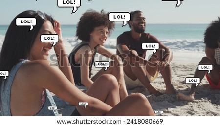 Image of speech bubble with lol text over smiling friends on beach. digital interface, social media and global network concept digitally generated image.