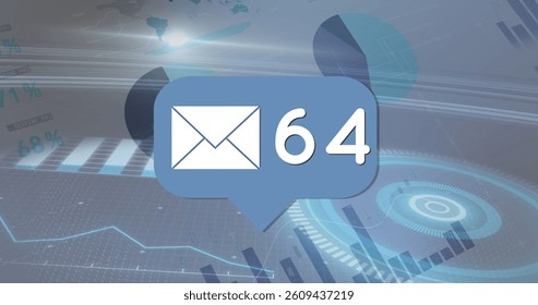 Image of speech bubble with mail icon and numbers, statistics recording and data processing. digital interface, global technology, connection and communication concept digitally generated image.