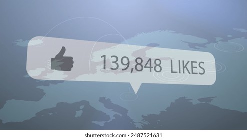 Image of speech bubble with number of like increasing over network connection with world map. Digital composite, global communication, social media, technology, cloud computing, data, growth.