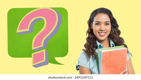 Image of speech bubble with question mark over biracial female student. education, knowledge and school concept digitally generated image.