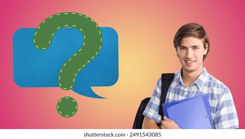 Image of speech bubble with question mark over caucasian male student. education, knowledge and school concept digitally generated image.