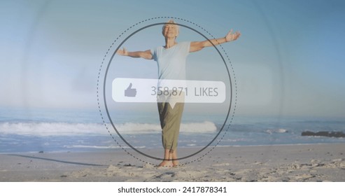 Image of speech bubble with thumbs up and numbers of likes over smiling senior woman on beach. digital interface, social media and global networking concept digitally generated image. - Powered by Shutterstock