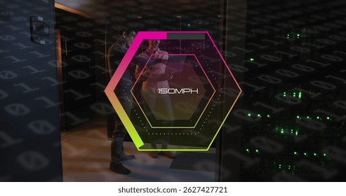 Image of speed gauge and binary coding over diverse it engineers by computer servers. Global data processing, servers and cloud computing concept digitally generated image. - Powered by Shutterstock - Get 15% off with code: PIKWIZARD15