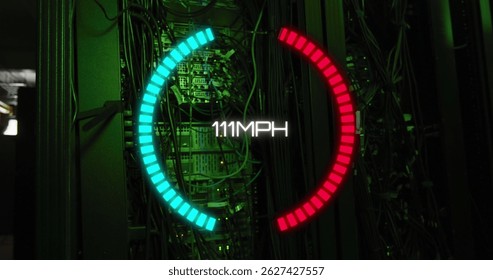 Image of speed gauge and data processing over computer servers. Global data processing, servers and cloud computing concept digitally generated image.