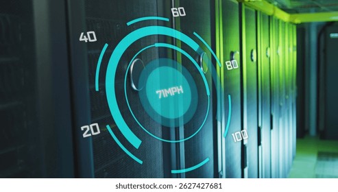 Image of speed gauge and data processing over computer servers. Global data processing, servers and cloud computing concept digitally generated image.