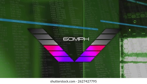 Image of speed gauge and data processing over computer servers. Global data processing, servers and cloud computing concept digitally generated image.