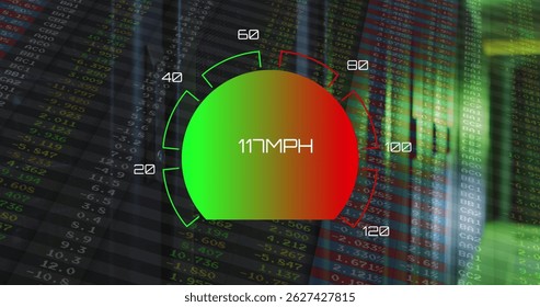 Image of speed gauge and data processing over computer servers. Global data processing, servers and cloud computing concept digitally generated image.