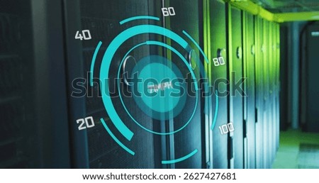 Image of speed gauge and data processing over computer servers. Global data processing, servers and cloud computing concept digitally generated image.