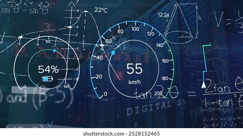 Image of speedometer, battery indicator, equations, database and falling digits over server room. Digital composite, multiple exposure, mathematic, measurement, technology and network server.