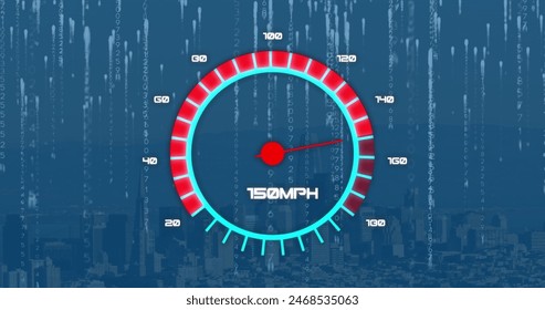Image of speedometer and binary coding against aerial view of cityscape. Global networking and business technology concept - Powered by Shutterstock - Get 15% off with code: PIKWIZARD15