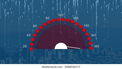 Image of speedometer and binary coding against aerial view of cityscape. Global networking and business technology concept - Powered by Shutterstock - Get 15% off with code: PIKWIZARD15
