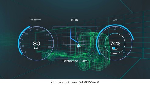 Image of speedometer with changing numbers and circles with battery icons over 3d truck. Digitally generated, hologram, cursor, measurement, growth, model, transportation and technology concept. - Powered by Shutterstock