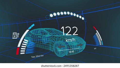 Image of speedometer data processing over 3d car drawing in background. Global engineering, mechanics, business and data processing concept digitally generated image.