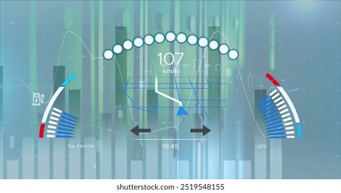 Image of speedometer and data processing over server room. Global technology, ecology, computing and digital interface concept digitally generated image. - Powered by Shutterstock - Get 15% off with code: PIKWIZARD15