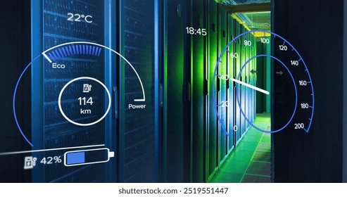 Image of speedometer and data processing over server room. Global technology, ecology, computing and digital interface concept digitally generated image. - Powered by Shutterstock - Get 15% off with code: PIKWIZARD15