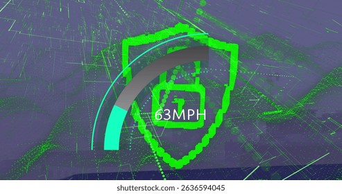 Image of speedometer and digital padlock over cityscape. Data safety, transport, data processing, network and technology concept digitally generated image.