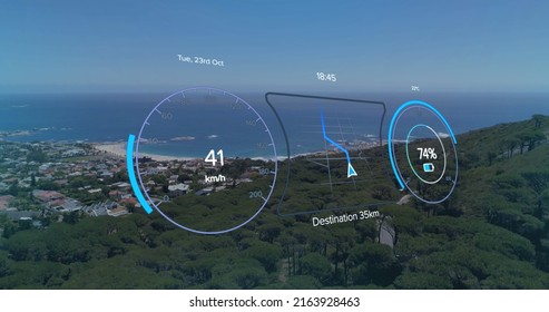 Image of speedometer, gps and charge status data over scenery, on electric vehicle interface. transport and technology, engineering design and digital interface concept digitally generated image. - Powered by Shutterstock