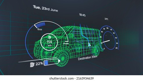 Image of speedometer, gps and charge status data on vehicle interface, over 3d van model. transport and technology, engineering design and digital interface concept digitally generated image. - Powered by Shutterstock