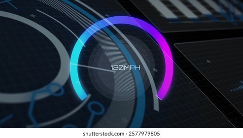 Image of speedometer over data processing on black background. Global technology, computing and digital interface concept digitally generated image.