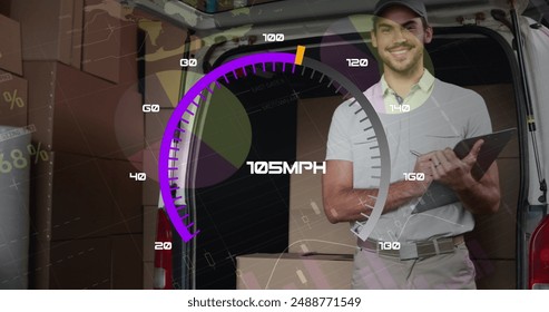 Image of speedometer over delivery man next to a car. Global business, finances, connections, technology, data processing and digital interface concept digitally generated image.