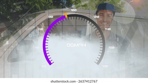 Image of speedometer over delivery man next to a car. Global business, finances, connections, technology, data processing and digital interface concept digitally generated image.