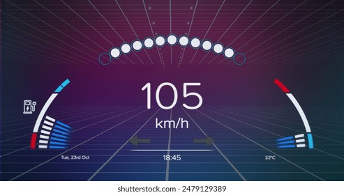 Image of speedometer over grid network against purple gradient background. Automobile engineering and interface technology concept