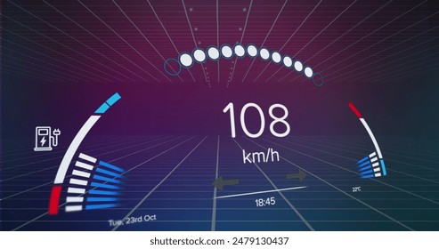 Image of speedometer over grid network against purple gradient background. Automobile engineering and interface technology concept