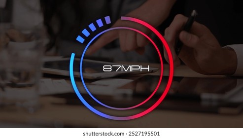 Image of speedometer over hands of biracial man using tablet. Network, communication, speed and technology concept digitally generated image. - Powered by Shutterstock