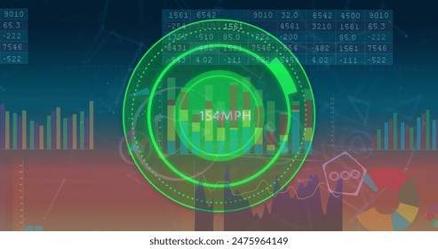 Image of speedometer over network of digital icons and statistical data processing. Global networking and business technology concept