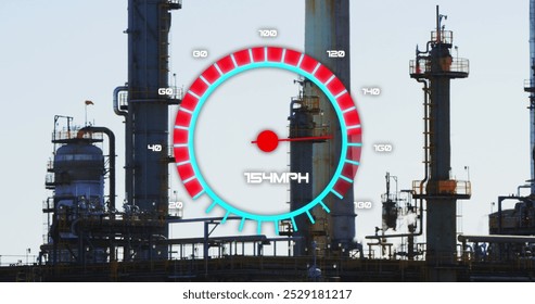 Image of speedometer over refinery. Global business, finances, data processing and digital interface concept digitally generated image.