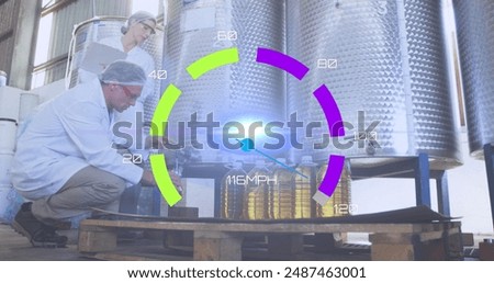 Image of speedometer over refinery workers. Global business, finances, data processing and digital interface concept digitally generated image.