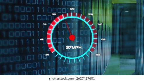 Image of speedometer over server room. Cloud computing, digital interface and security concept digitally generated image. - Powered by Shutterstock - Get 15% off with code: PIKWIZARD15
