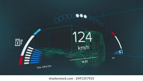 Image of speedometer and power level over truck project on black background. Green energy, electric cars, design and technology concept digitally generated image. - Powered by Shutterstock