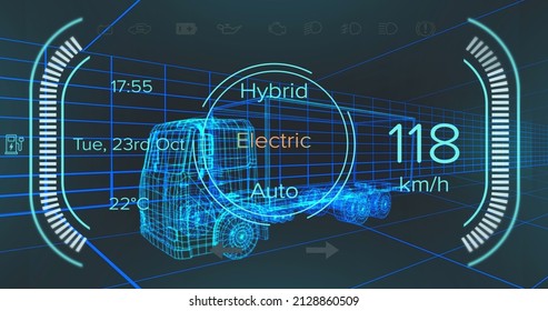 Image of speedometer and power status data on hybrid vehicle interface, over 3d truck model. transport and technology, engineering design and digital interface concept digitally generated image. - Powered by Shutterstock