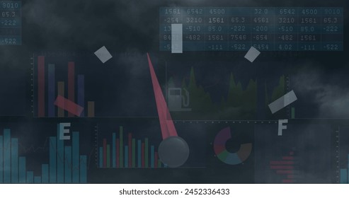 Image of speedometer and statistical data processing against dark clouds in the sky. Automobile engineering and business data technology concept