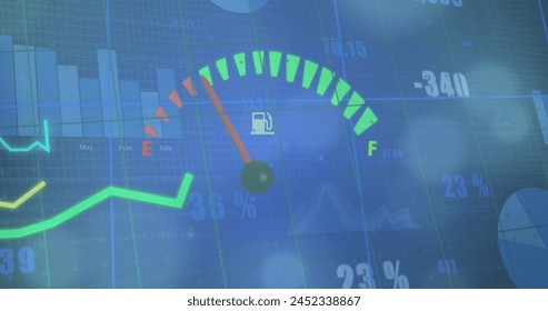 Image of speedometer and statistical data processing against spots of light on blue background. Automobile engineering and business data technology concept