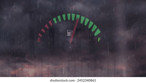 Image of speedometer and statistical data processing against rain and clouds in the sky. Automobile engineering and business data technology concept