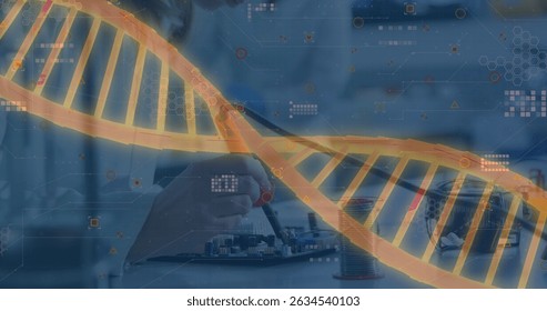Image of spinning dna strand an data processing over female caucasian scientist in laboratory. Global science, connections, data processing and digital interface concept digitally generated image.